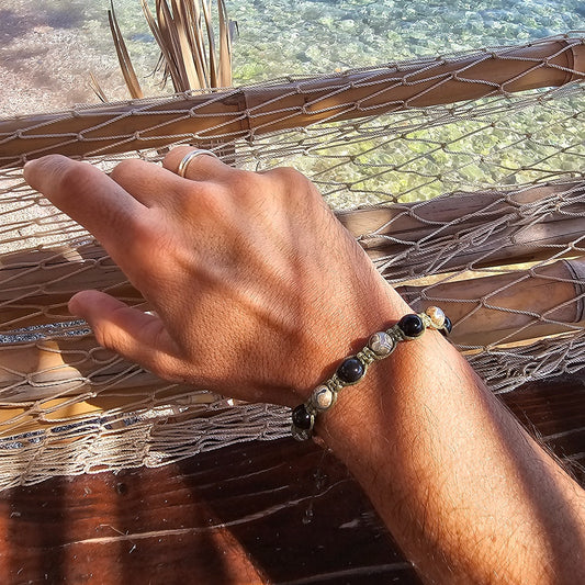 handmade shamballa bracelet dzi silvery obsidian hematite on wrist