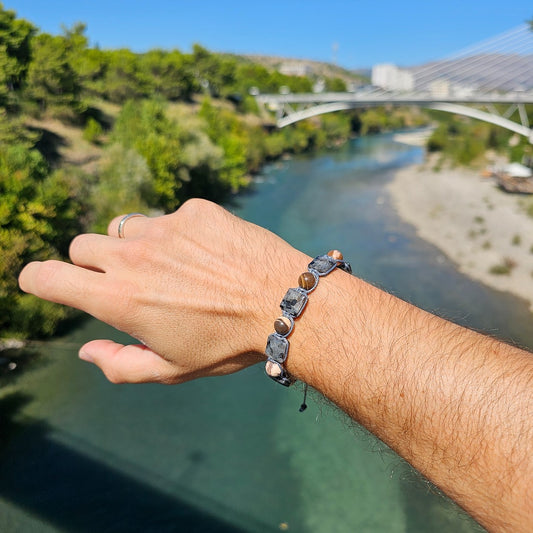 handmade shamballa bracelet with labradorite and australian zebra jasper on wrist