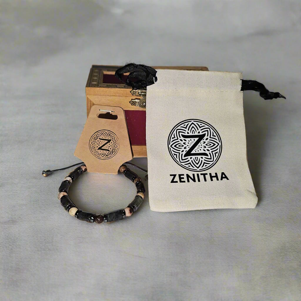 handmade shamballa bracelet labradorite zebra jasper hematite closeup package