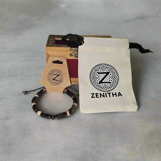 handmade shamballa bracelet labradorite zebra jasper hematite closeup package