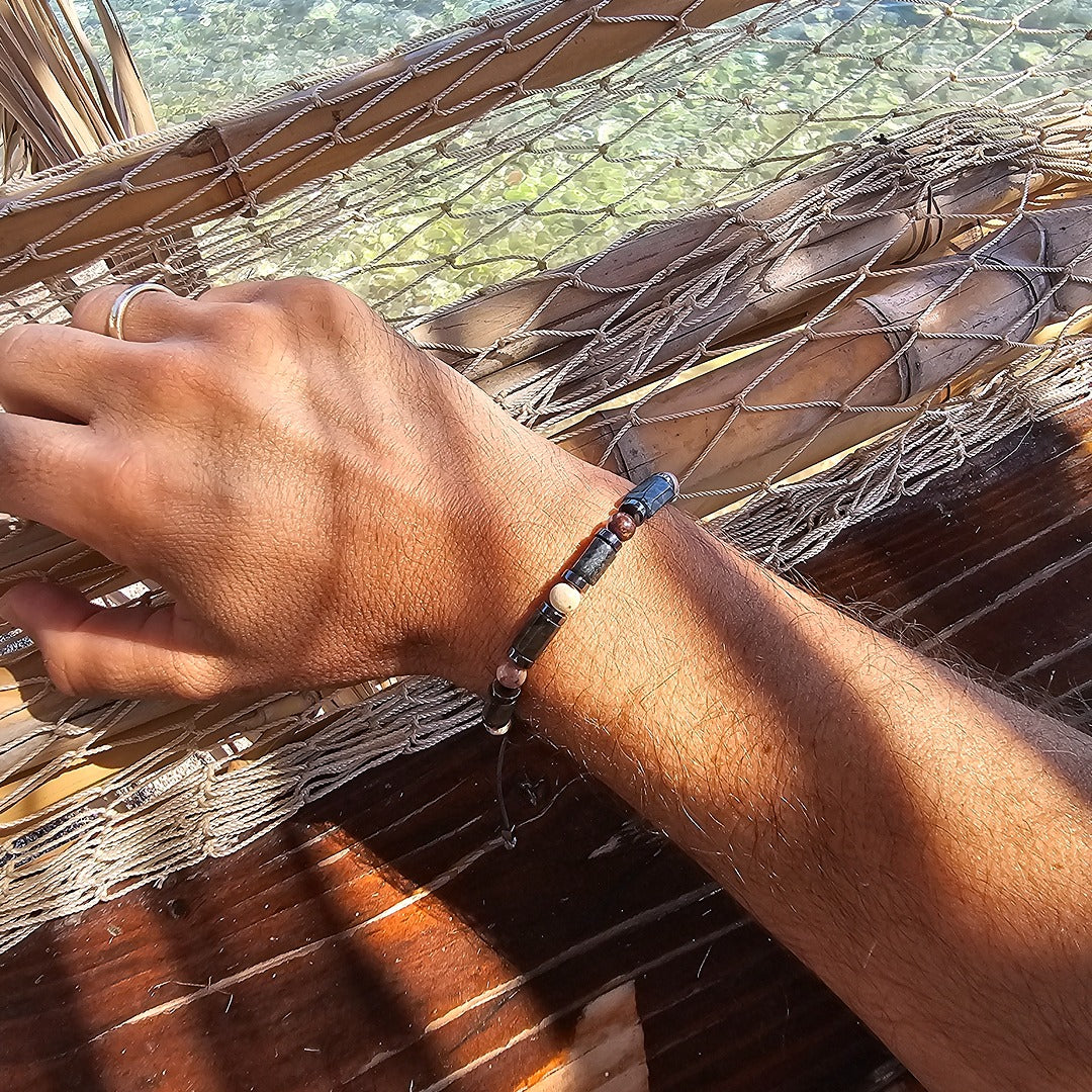 handmade shamballa bracelet labradorite zebra jasper hematite on wrist