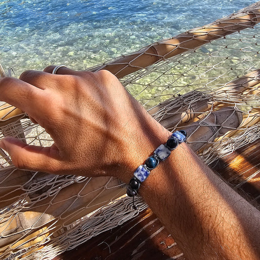 handmade shamballa bracelet sodalite blue tiger eye red tiger eye on wrist