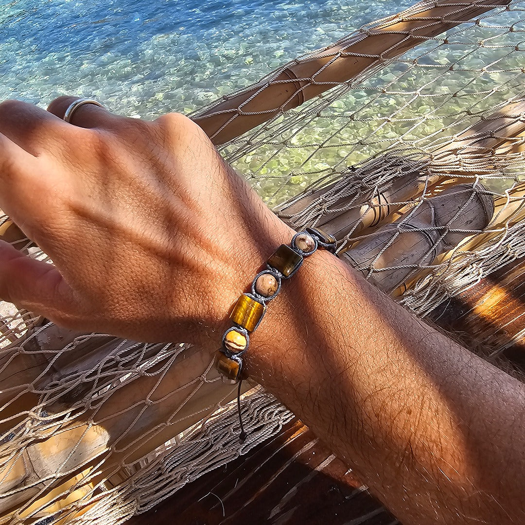 handmade shamballa bracelet tiger eye australian zebra jasper on wrist